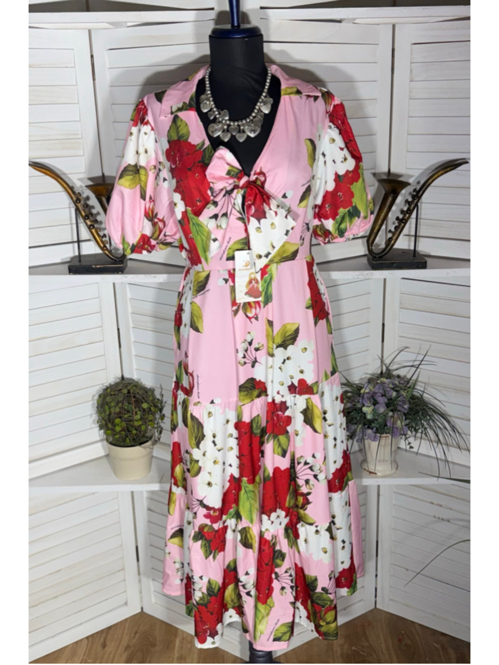 New Donna floral midi dress upcycled designer boho puff tiers fairy Derby cruise